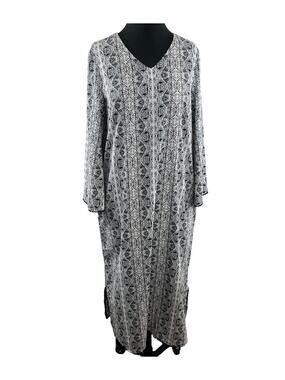 Coolibar Tanjier UPF 50+ Kaftan White Black Print Long Sleeve V-Neck Size Small